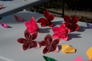 Folded paper flowers and paper boats laid out across the prop table in the morning sun