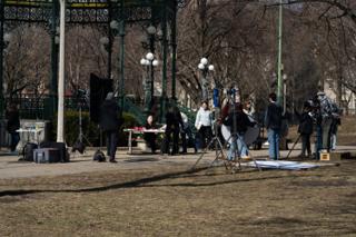 The whole unit at work on the path by the bandstand, the dressed table at the left and the octabox rigged in close