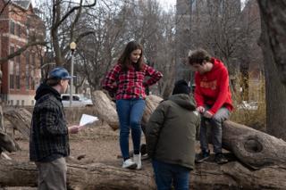 Director with pages in hand setting up a shot with three of the cast standing on the fallen logs